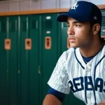 야구 선수들의 루틴 및 연습법 - A male baseball player, early 20s, with a determined yet calm expression, is seated alone in a locke...