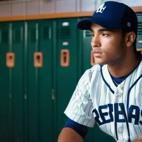 야구 선수들의 루틴 및 연습법 - A male baseball player, early 20s, with a determined yet calm expression, is seated alone in a locke...