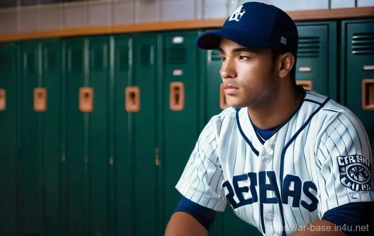 야구 선수들의 루틴 및 연습법 - A male baseball player, early 20s, with a determined yet calm expression, is seated alone in a locke...