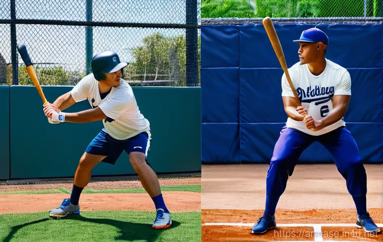 야구 선수들의 루틴 및 연습법 - A dynamic image of a powerful male baseball player, mid-20s, in full athletic training gear (shorts,...