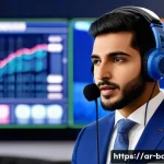 야구 경기 중계 해설 배우기 - A professional Arabic-speaking baseball commentator in a modern broadcast studio, wearing a smart su...