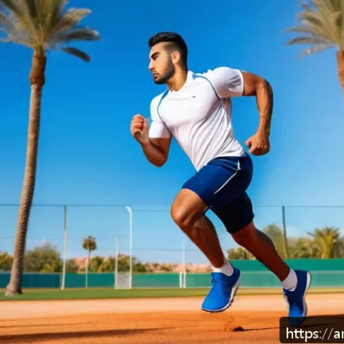 야구 시즌 준비 팁 - A dynamic scene of an Arab male baseball player in his mid-20s performing interval sprint drills on ...