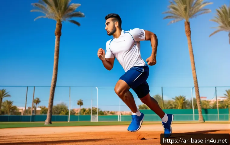 야구 시즌 준비 팁 - A dynamic scene of an Arab male baseball player in his mid-20s performing interval sprint drills on ...