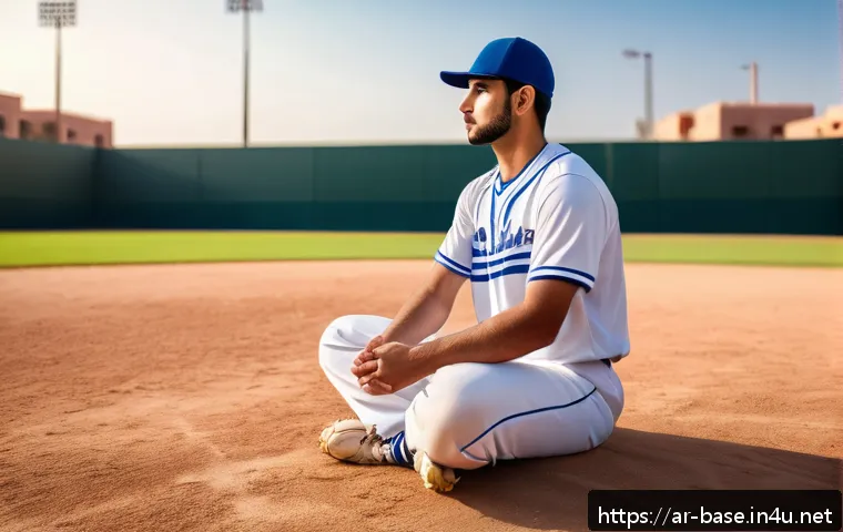 야구와 심리학 - A focused Arab male baseball player in traditional sportswear with modern athletic shoes, practicing...
