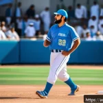 야구 주자의 리드오프 전략 - A detailed, dynamic scene of an Arabic male baseball player standing on first base during a sunny da...