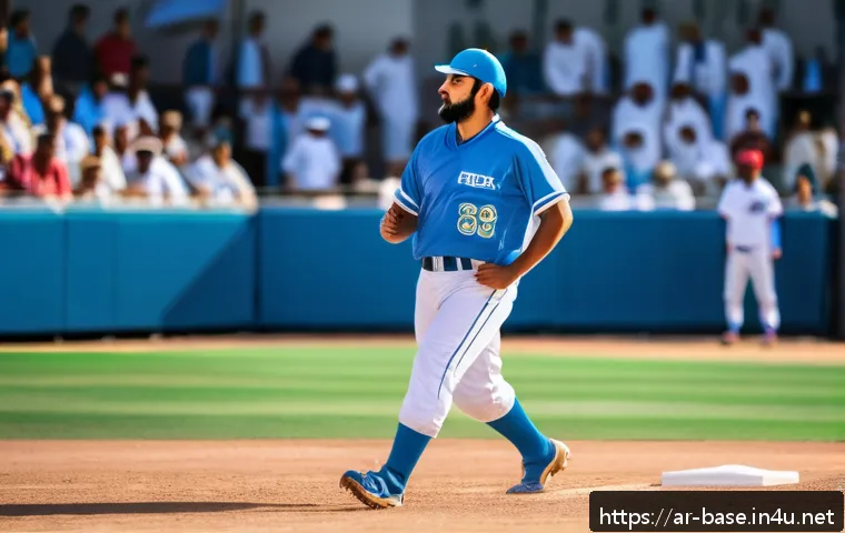 야구 주자의 리드오프 전략 - A detailed, dynamic scene of an Arabic male baseball player standing on first base during a sunny da...