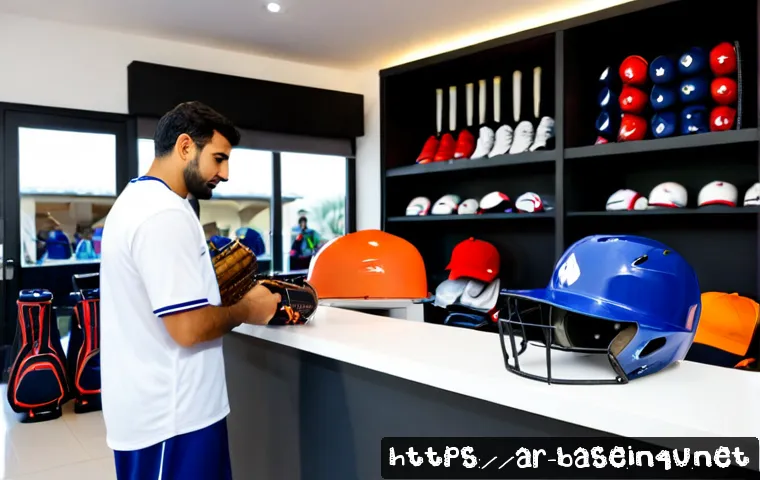 야구용품 렌탈 서비스 정보 - Photorealistic baseball equipment rental counter in a modern sports shop in an Arab city, friendly A...